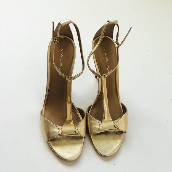 Via Spiga Gold Leather Open Toe Heels Sandals - Picture 3 of 13